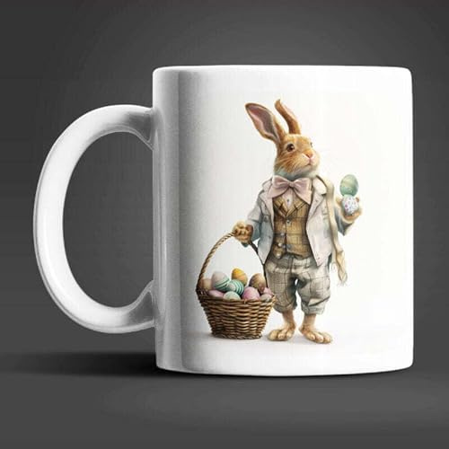 WS-Trend Osterhase Vintage Tasse mit Ostereiern – Elegantes Hasenmotiv mit Korb, Keramik Kaffeetasse & Teetasse als Oster Geschenkidee, 325 ml
