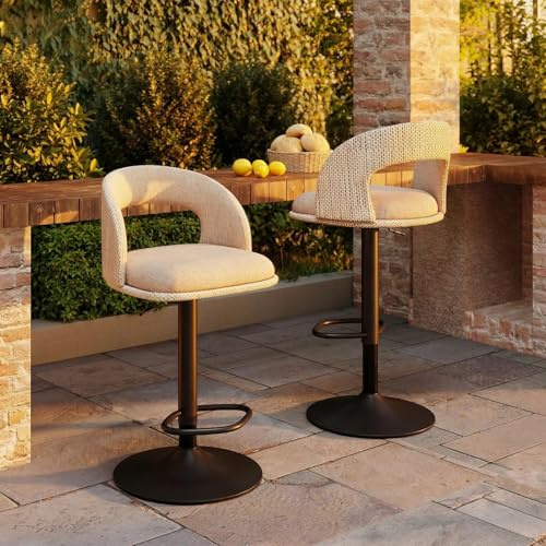 2er-Set Outdoor Barhocker mit wasserdichten Bezügen, verstellbare Terrassenhocker mit hohler Rückenlehne, drehbare Barhocker in Tresenhöhe für Garten und Hof, wetterfestes Textilene-Stoff, PU-Beige