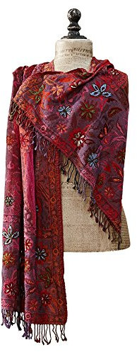 Loberon Schal Isobel, Liebevoll Floral Bestickt, mit Zarten Fransen, Lässig-eleganter Look, Accessoire, Tuch, Wolle, bunt