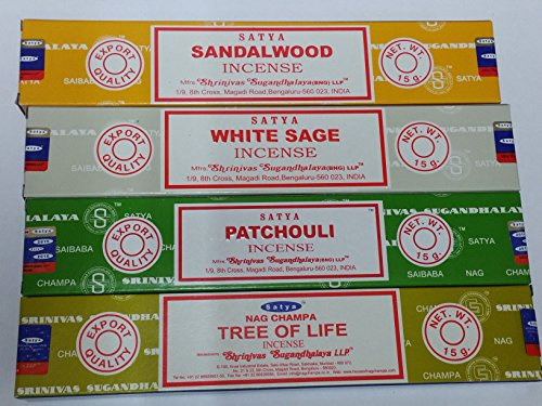 Satya Räucherstäbchen, 4er-Set - Baum des Lebens, Patchouli, Sandelholz, Weißer Salbei, von Sterling Effectz