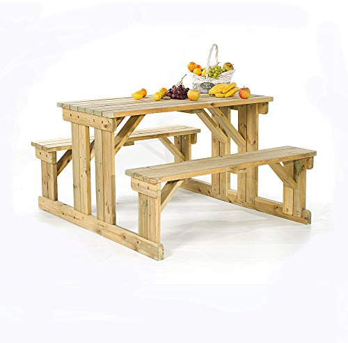 BrackenStyle Guernsey 6 Seat Wooden Picnic Table, 140cm Length | Walk In Easy Access, Dip Treated Pub Bench Seating, Treated Pine