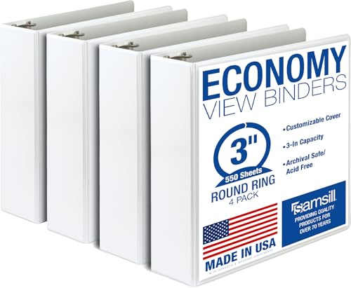 Samsill 3 Inch 3 Ring Binders, Made in USA, Economy Round Ring, Clear View Cover, 550 Sheet Capacity - for School, Home, Office - White, 4 Pack