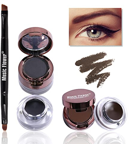 Music Flower Gel Eyeliner Eyebrow Powder, Black Brown Waterproof Eyeliner Gel, Smudgeproof Long Lasting Makeup Eye Liner with Brush Mirror, 0.49 Ounce, Pack of 2