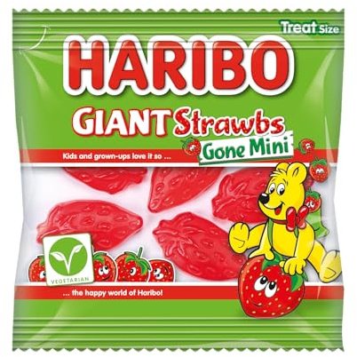 HARIBO Giant Strawbs Gone Mini – Vegetarian Strawberry Gummy Sweets – 100 x 16g Mini Bags