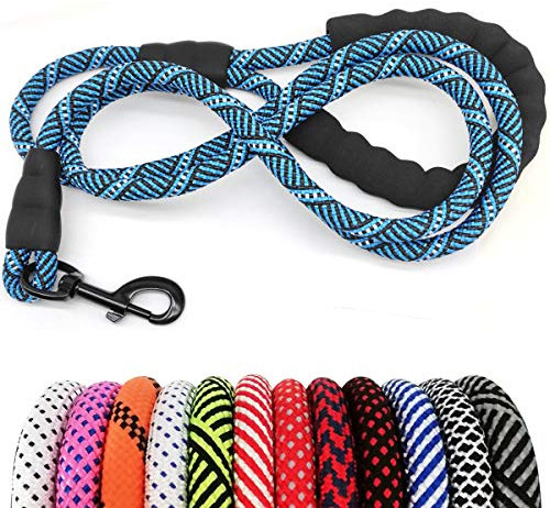 MayPaw Heavy Duty Rope Dog Lead, 3/4/5/6/7/8/10/12/15 FT Nylon Pet Leash, Soft Padded Handle Thick Lead for Large Medium Dogs (6 ft x 1/2, blue black)