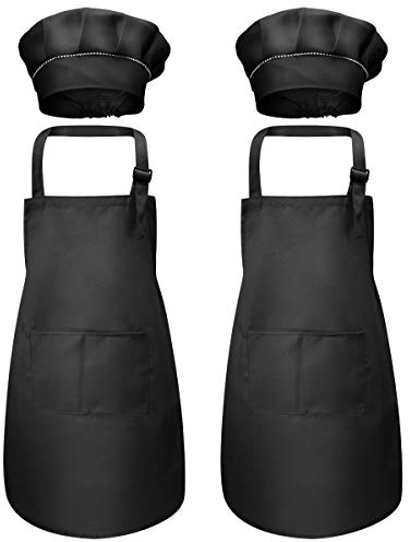 4 Piezas Negro Niños Delantal y Gorro de Cocinero, Infantil Delantal con 2 Bolsillos para Niñas, Ajustable Niñito Delantales de Cocina Chef para Cocinar Hornear Pintura Artesanía (7-13 Años)