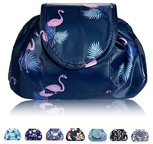 Lazy Kosmetikbeutel mit Kordelzug Portable Große Kosmetiktasche Reisetasche Make up Beutel Aufbewahrung Organisator für Damen Mädchen (Dunkelblauer Flamingo)