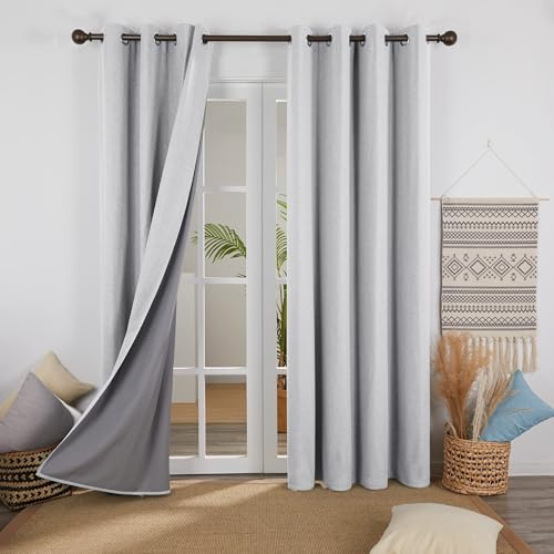 Deconovo 100% Blickdichte Gardinen Verdunkelungsvorhang Leinenimitation Total Verdunkelung Thermovorhang Wohnzimmer mit Ösen 229x117 cm Hellgrau 2er Set