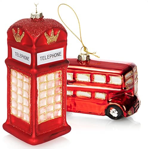 com-four® 2X Hochwertiger Christbaumschmuck - Doppeldecker-Bus und Telefonzelle aus echtem Glas - Baumkugeln für die Weihnachtsdeko - Weihnachtsbaum-Anhänger (2 Stück - Bus. Telefonzelle)