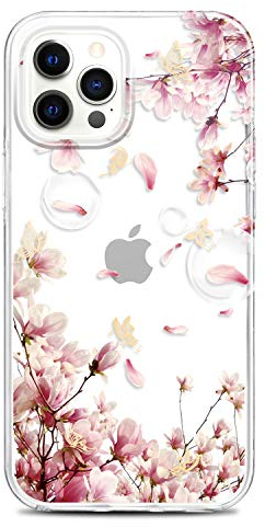 RXKEJI iPhone 12 Pro Max Handyhülle TPU Silikon Weiche Durchsichtig Klar Transparent Schutzhülle Handytasche Flexibel Handy Hülle für iPhone 12 Pro Max 2020 6.7 Gold Butterfly Flower Pink