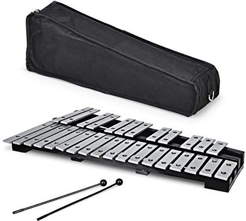 GOPLUS Xilofono con 30 Tasti, Metallofono Pieghevole con Borsa, Strumento Musicale a Percussione con Cornice di Legno, Perfetto per Studenti, Principiante e Amanti della Musica, Nero e Argento