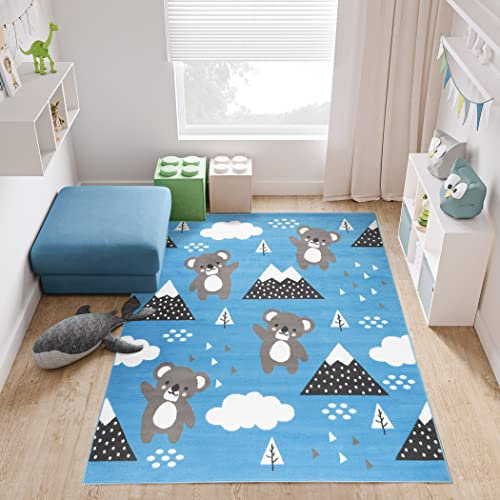 TAPISO Jolly Teppich Kurzflor Kinderzimmer Jugendzimmer Schlafzimmer Spielmatte Blau Grau Koalabär Design 160 x 220 cm