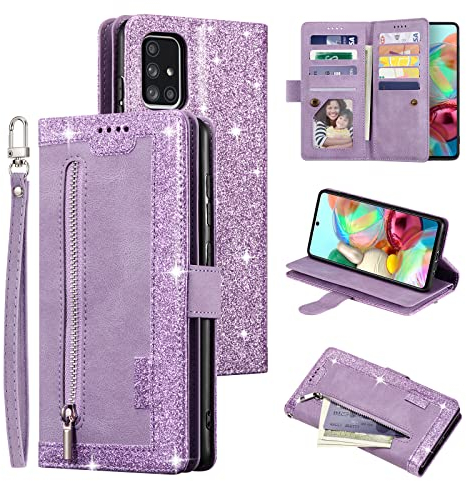 EYZUTAK Handyhülle für Samsung Galaxy A51 Hülle,Flip Case Lederhülle Reißverschluss Magnetverschluss Brieftasche mit 9 Kartenfächern Standfuntion Retro Matt Ledertasche-Glitzer Lila