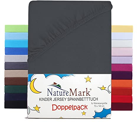 NatureMark 2er Set Kinder Spannbettlaken Jersey, Spannbetttuch 100% Baumwolle, für Babybett und Kinderbett | 70x140 cm - Anthrazit grau