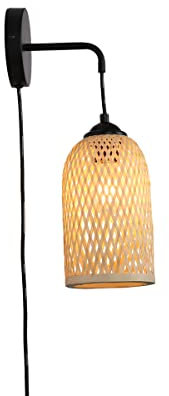 B·LED BARCELONA LED Applique murale avec prise en osier bambou rotin avec câble interrupteur culot E27 pour lumière intérieure table de chevet salon chambre LM164-P