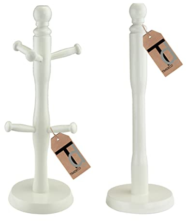Tradeco direct® 2 Pc Mug Tree (6 Cup) & Kitchen Towel Holder Set Cream, Beech Wood 35cm