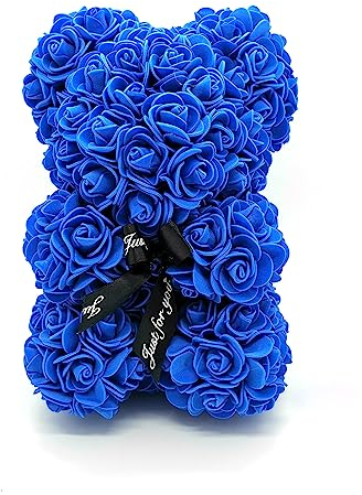 Amtang Rose Flower Bear Artificial Flower Hand Made Bear For Valentine's Day Birthdays Romantic Weddings Christmas Rose Gifts (25cm Royal Blue)