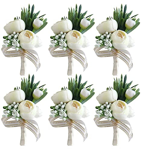 ISAKEN 6 Stück Boutonniere Corsage Blumenset Bräutigam Boutonnièr Ansteckblume Hochzeit Boutonniere für Bräutigam Braut Brautjungfer Trauzeugen Gäste Hochzeit Herren Damen Bankett Tanzparty Deko
