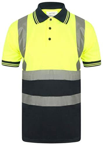 Mens Hi Viz Reflective Tape Polo Neck T Shirt Short Sleeve Collared Work Top Adults Work Wear High Visibility Security Tee Top Utility Work T-Shirt Hi Vis Top (Yellow/Navy with Navy Collar 2X-Large)