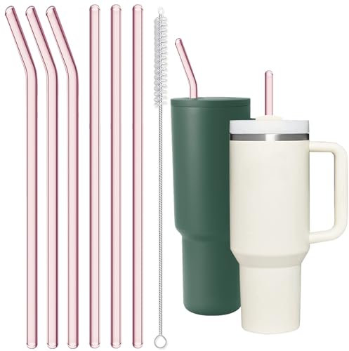 Cannucce riutilizzabili in vetro rosa per Stanley 4 once 850,5 g Tazza Adventure Travel Tumbler Confezione da 4 cannucce trasparenti di ricambio con spazzola di pulizia per accessori Stanley