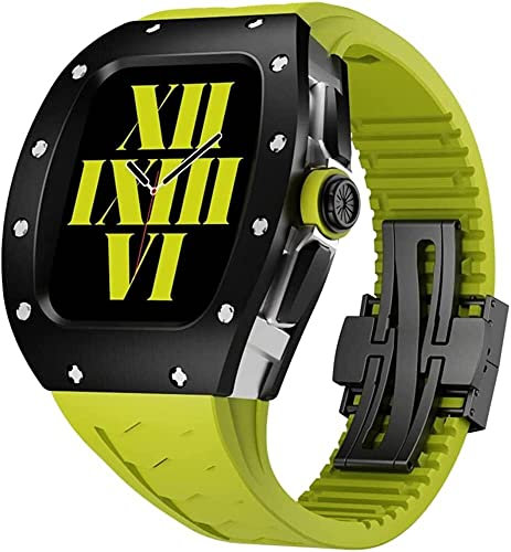 ZEDEVB Elegante Tonneau-Titan-Schutzhülle für Apple Watch 8, 7, 45 mm, mit Fluorkautschuk-Armband, Modifikationsset, Metallschnalle, Gummiband für iWatch 6, 5, 4, SE, 44 mm, 44mm, Achat