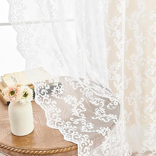 FOLKSIDE Spitzenvorhänge,2 Stück, Paisley-Blumenvorhänge für Wohnzimmer, Schlafzimmer, viktorianisch, Shabby-Chic, Tunnelzug, Lichtfilterung, Fenstervorhänge, Dekoration, 132 x 213 cm, weiß