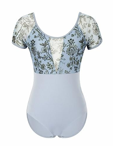 HEARTTOUCH Ballett Leotard Damen Bedruckt Tanz Trikots Balletttrikot Kurzarm Tanzbody Turntrikot Gymnastikanzug Turnanzug (Blau,S)