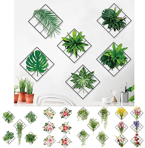 behound 3D Green Plant Wall Sticker - Grid Wall Decal Green Leaves Wall Sticker Home Decoration for Bathroom Bedroom Office (E)