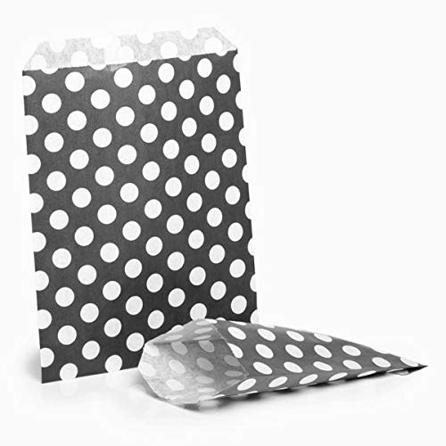 ezkart | 5x7 | Pack of 100 Assorted coloured striped paper bags Ideal for multiple occasions. Quality paper sweet bags (Black Polka, 5x7-100 Bags)