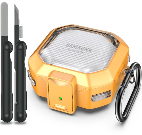 RFUNGUANGO Compatible with Samsung Galaxy Buds 2 Pro/Buds Pro/Buds Live/Buds 2 Case Cover/Galaxy Buds FE (2023, Military Carbon Fiber case with Keychain/Zipper/(Anti-Drop Lock),Transpatent Yellow