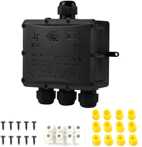 Tynoscco IP68 Waterproof Junction Box，Outdoor Electrical Box Waterproof 4Way Plug Line M25 Coaxial Cable Connector Wire Range for 4-14MM Outdoor External Electric Power Cord Boxes,Black 1Pack