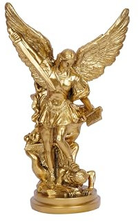 San Miguel Arcangel Statue St. Michael – besiegte Luzifer Trampeln Dämon Harz Kampf Engel Skulptur Sammlerstück religiöse Figuren Dekor (Gold)