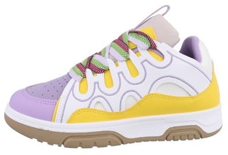 Ital Design Damenschuhe Freizeitschuhe Sneakers Low, 88-100-, Kunstleder, Lila Gelb, Gr. 37