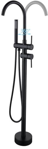 Robinet de Baignoire Ilot 2 Modes Mitigeur de Baignoire Ilot avec Douchette, Rotation à 360° Robinet de Baignoire sur Pied Laiton Robinet Mitigeur au Sol Moderne et Simple (Noir)