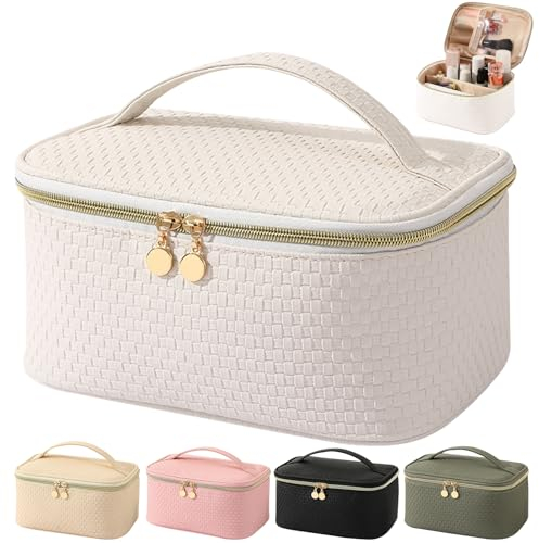 Bestash Kulturtasche Damen,Wasserdichter Reise Kosmetiktasche,PU Leder Make Up Tasche,Schminktasche Groß Mit BüRstenfach,Kulturbeutel Organizer Tragbare Make Up Bag (Perlweiss)