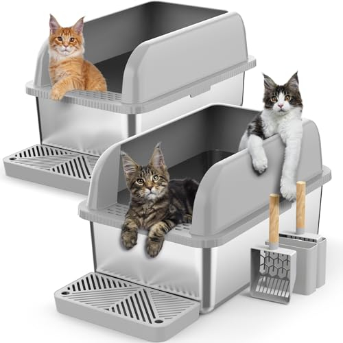2 Pack 8 Deep Stainless Steel Litter Box with Lid, Extra Large & Deep Stainless Steel Cat Litter Box for Multipul Cats, Metal Litter Pan with Anti-Leakage High Wall, Litter Pan Easy Cleaning