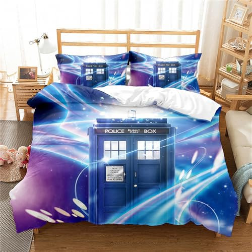 Ste-X 3-teiliges Doctor Who Kinderbettbezug, Bedrucktes Bettwäscheset Mit Reißverschluss, Weißer Wendbarer Kinderbettbezug (135x200cm,DW 03)