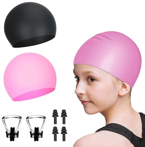 2 Pezzi Cuffia Piscina Bambino, Impermeabile Cuffia Piscina Bambina Cuffia Piscina Donna Silicone Cuffia Piscina Neonato da 5 a 14 Anni con Tappi per le Orecchie e Clip per il Naso Nero e Rosa