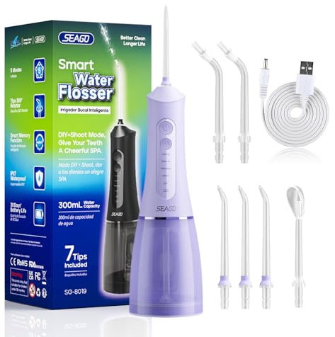 Munddusche Kabellos, SEAGO Tragbar Water Flosser Elektrische Zahnreiniger 5Modi & 7Düsen, 300ML Wassertank Zahnzwischenraumreiniger Munddusche Testsieger Zahndusche für Reise & Hause (violett)
