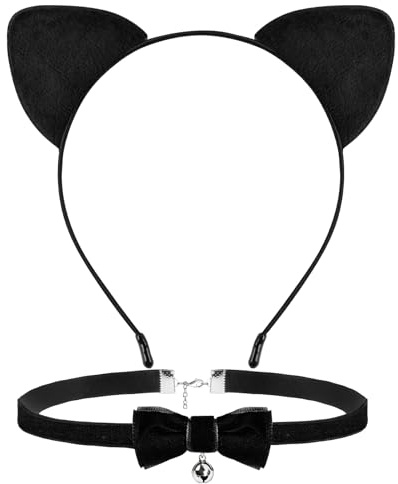 Katzenohren Haarreif, Katzenkostüm Set Schwarz mit Cat Ears Headband Glöckchen Halskette Strasssteine Gesicht Aufkleber, Katzenohren Haarschmuck für Mädchen Frauen Halloween Karneval Cosplay Party
