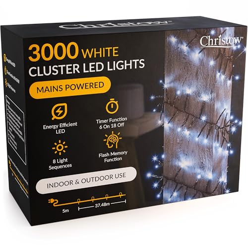 CHRISTOW Christmas Cluster Lights, 3000 LEDs, White | 37.48m Lit Length, Micro LED Cluster Lights, 8 Flash Modes with Memory, Timer Function, Mains Powered, Indoor & Outdoor Use