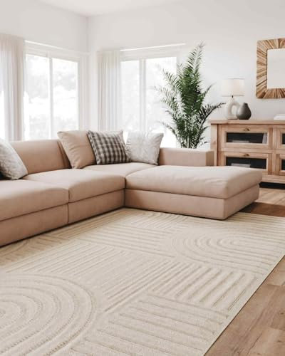 Interiyou Teppich Wohnzimmer Lecce - 240x340 cm Creme - Für Schlafzimmer, Esszimmer, Kinderzimmer - Kurzflorteppich skandinavisches Boho Muster - Hoch-Tief Effekt - Flach mit Geometrischem Muster