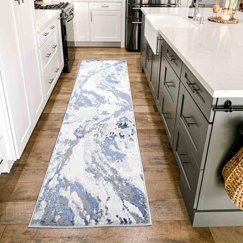 Emperor Metallic Abstract Modern Hallway Runner Rug, Navy, 60x220cm