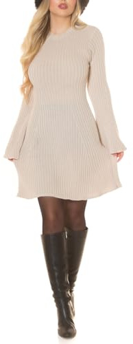 Basic Business Strickkleid Langarm Kleid Rippstrick-Look mit Trompeten Ärmel, Lässiges A-Linie Winterkleid One Size (Einheitsgröße)