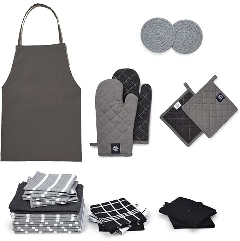 Encasa XO Kitchen Towels and Dishcloths Sets |21 Pcs Apartment Essentials Set | Oven Mitts and Pot Holders with Hanging Loop | Cooking Apron, Dish Cloth, Flour Sack and Coasters Grey Combo