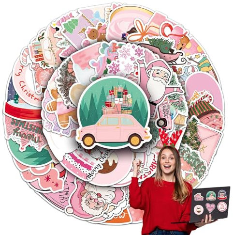 Weihnachtsaufkleber – rosa Aufkleber im adretten Stil | wasserdichte Aufkleber | 50 x rosa Urlaubsthema Aufkleber Großpackung | wasserdichte Laptop-Aufkleber für Wasserflasche, niedliche Vsco rosa