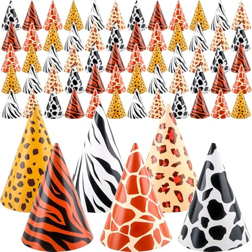 Rcanedny 60 Pcs Leopard Print Paper Cone Hats Jungle Theme Birthday Party Paper Hats for Kids and Adults Zoo Theme Birthday Party Supplies