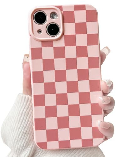 NITITOP Compatible with iPhone 13 Case Cute Aesthetic Checkerboard Checkered Pattern for Women Girl Trendy Slim Fit TPU Silicone Shockproof Full Camera Protection Cover - Pink