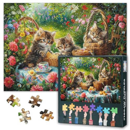Blooming Garden Cats 1000 Piece Puzzle for Adults, Premium 1000 Piece Jigsaw Puzzles with Vibrant Floral Picnic Scene, Challenging Yet Relaxing Activity for Cat & Nature Enthusiasts 27.5 x 19.6
