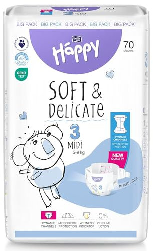 bella baby Happy Windeln Größe 3 Midi 5-9 kg 70 Stück, DERMATEST & OEKO TEX Siegel, Babywindeln Einweg